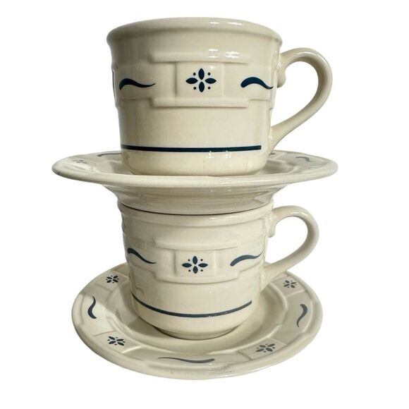 LONGABERGER Pottery Woven Traditions Heritage Blue Set of 2 Cups & Saucers - Picture 1 of 12